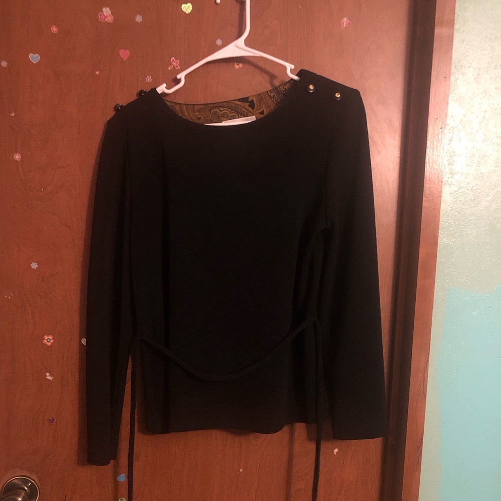Studio 1 Petite Pullover Belted Round Neck blouse With 4 Faux Buttons On Top GUC